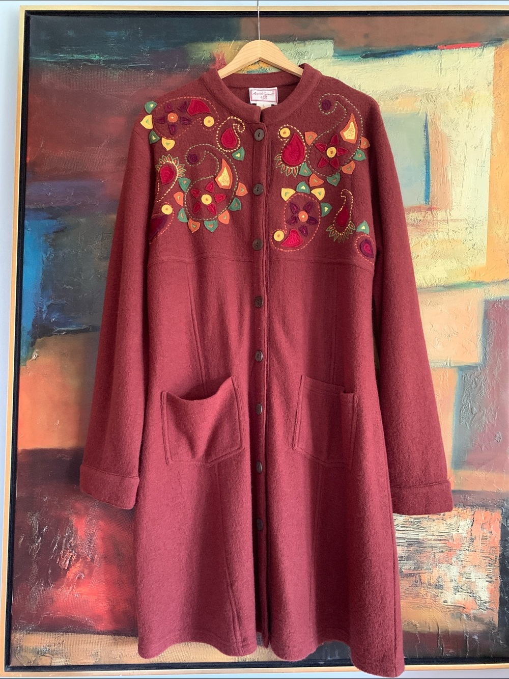Vintage April Cornell 100% Boiled Wool Embroidered Duster Jacket, Sz L